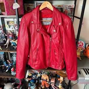 Vintage UNIK Red Leather Moto Biker Jacket Women’s Small Double Breasted